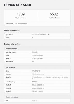 荣耀Power 2跑分出炉：搭载天玑8500 Elite！