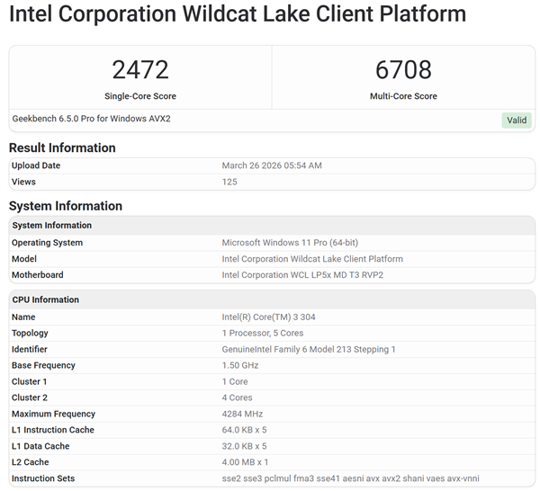奇特5核心！Intel Wildcat Lake入门酷睿3 304首次跑分