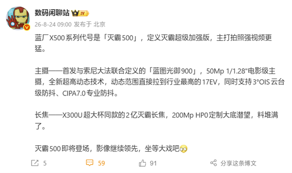 vivo X500系列主摄首发蓝图光御900 搭配2亿灭霸长焦